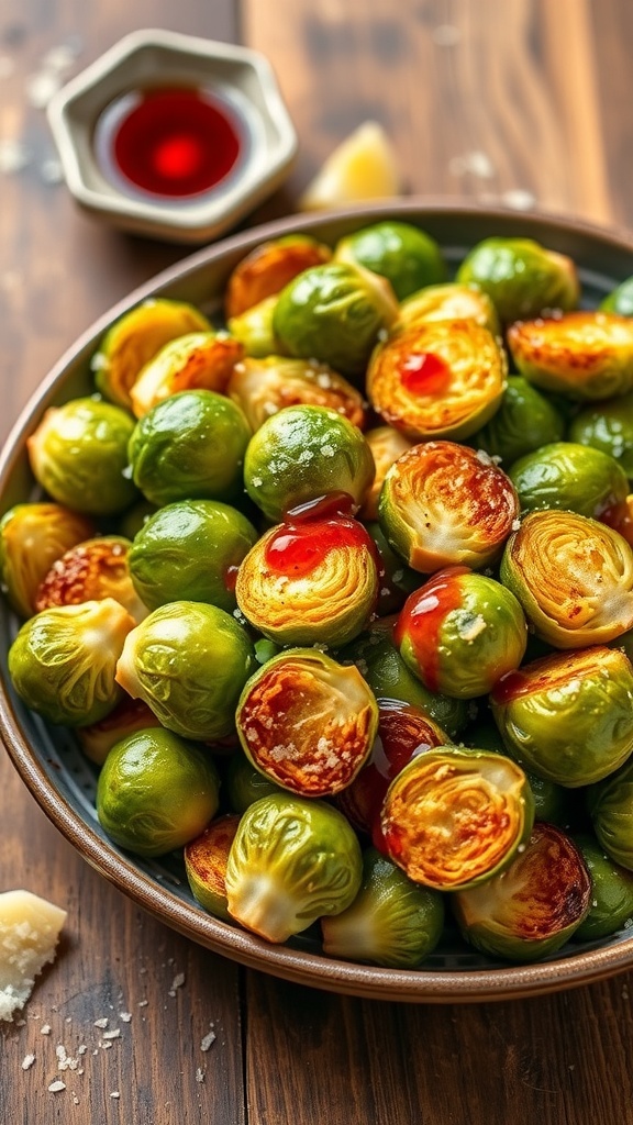 Crispy Air Fryer Brussels Sprouts with Red Wine Vinegar Crispy air fryer Brussels sprouts with red wine vinegar and Parmesan cheese on a wooden table.